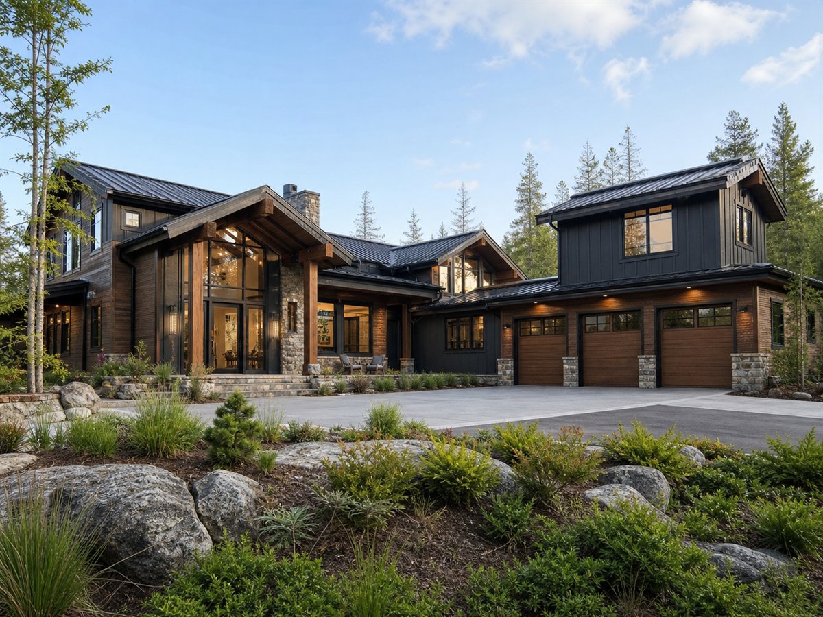 Rainier Lodge House Indoor-Outdoor Pavilion 3812, conceptual 3812-square-foot Northwest lodge custom home with a $720,900 construction target