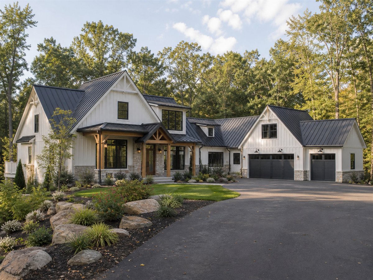 Stonefield Farmhouse Multigenerational Wing 3956, conceptual 3956-square-foot modern farmhouse estate with a $750,900 construction target