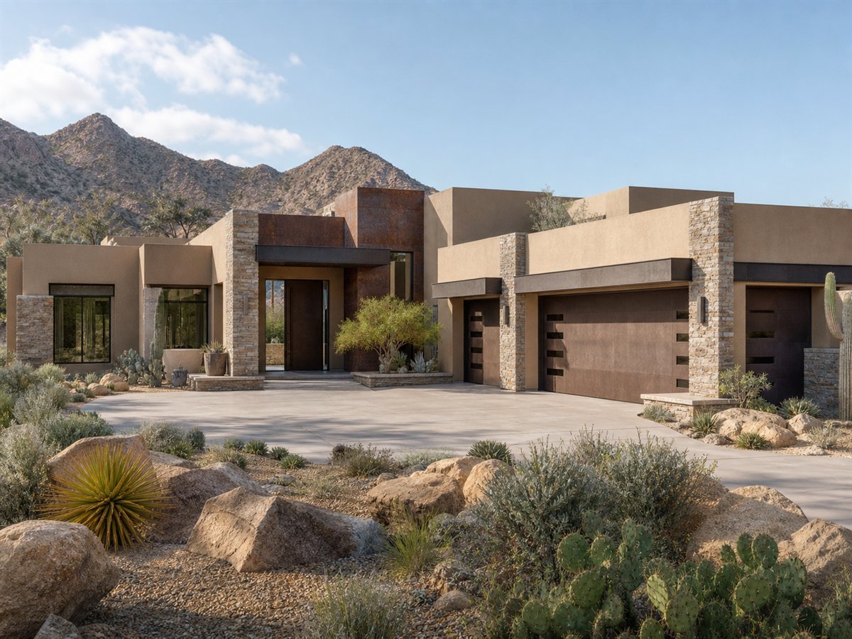 Saguaro Court Private Guest Suite 4137, conceptual 4137-square-foot desert-modern courtyard home with a $790,900 construction target