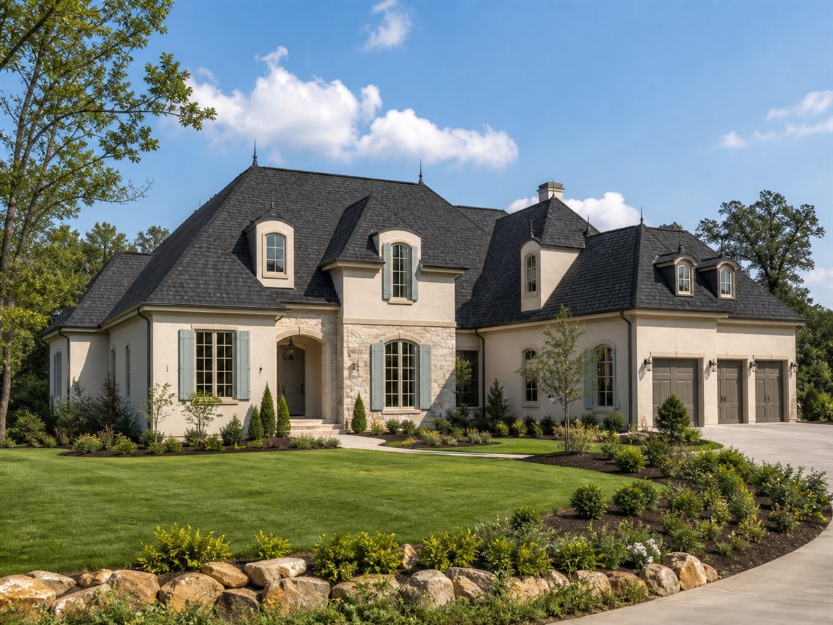 Bellemont House Multigenerational Wing 4185, conceptual 4185-square-foot French-country custom home with a $800,900 construction target