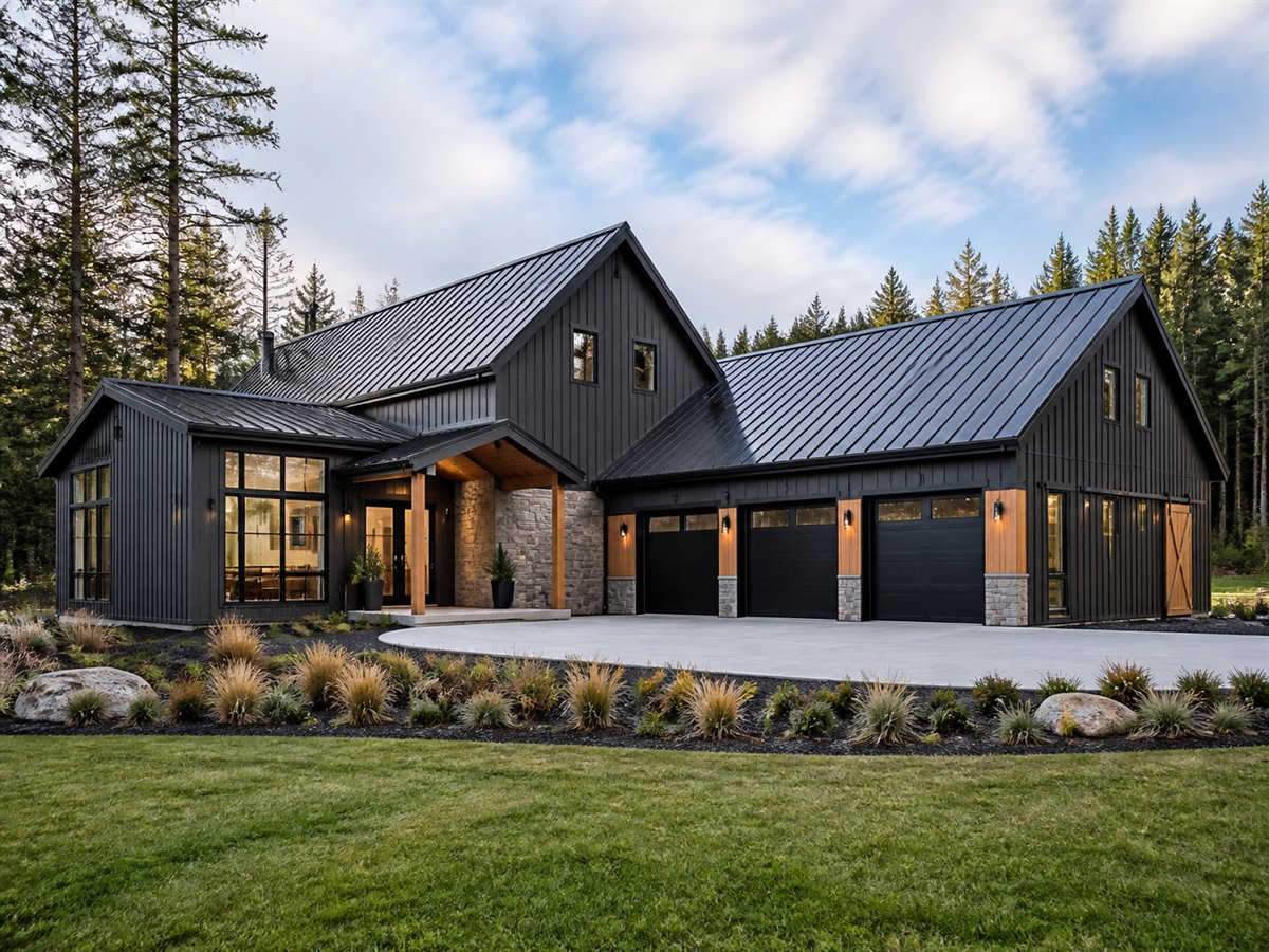 Blackwood Barn House Collector Garage 4305, conceptual 4305-square-foot modern barn custom home with a $825,900 construction target