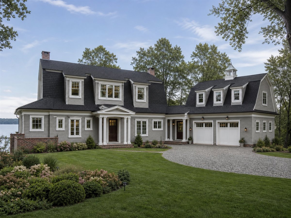 Hudson Gambrel View-Lot Retreat 4571, conceptual 4571-square-foot Dutch Colonial luxury home with a $885,900 construction target