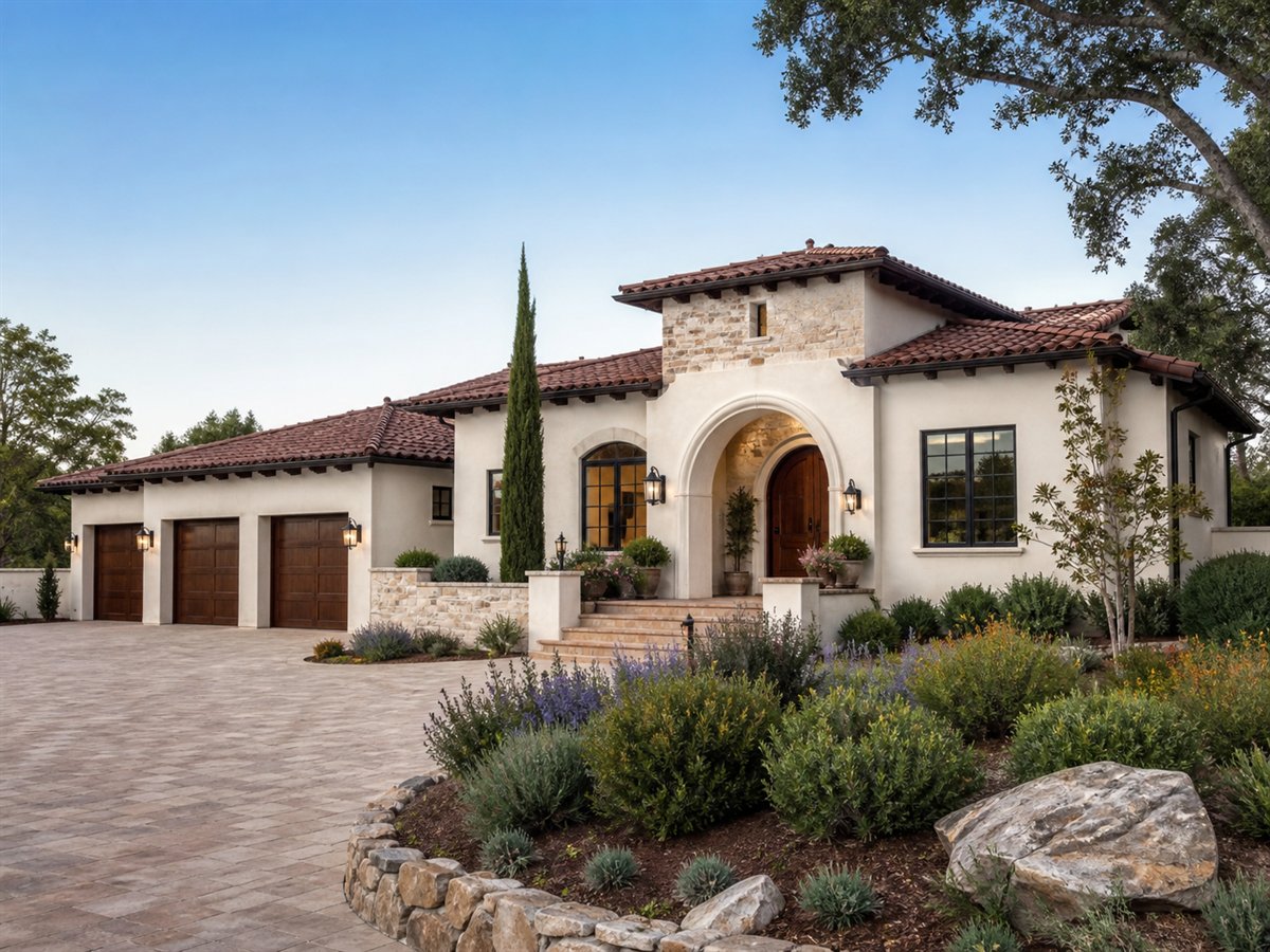 Santa Luz House Private Guest Suite 4595, conceptual 4595-square-foot Spanish-revival custom home with a $890,900 construction target