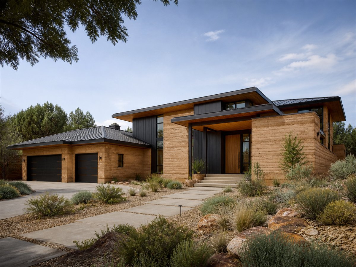 Mesa Earth House Entertaining Kitchen 4691, conceptual 4691-square-foot rammed-earth contemporary custom home with a $910,900 construction target