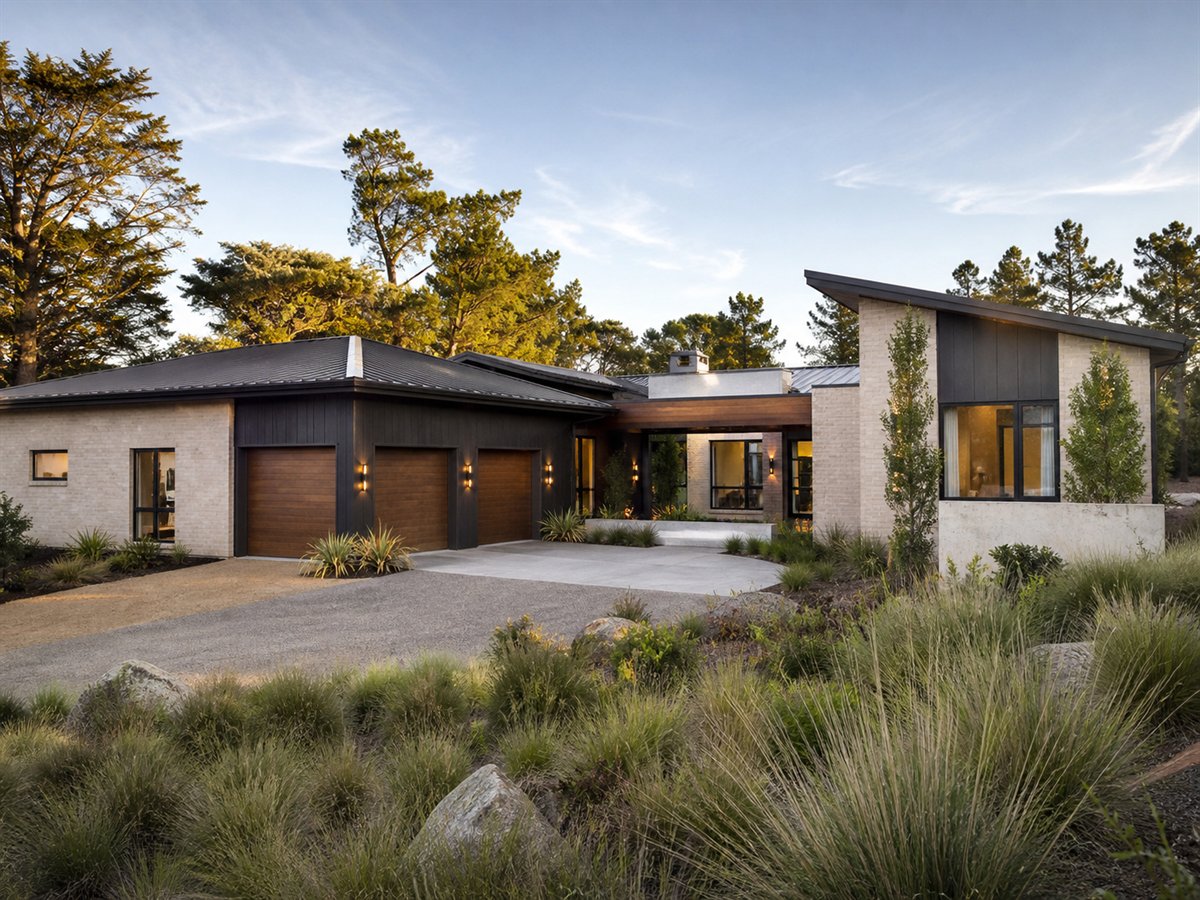 Atrium Ranch Indoor-Outdoor Pavilion 4739, conceptual 4739-square-foot modern courtyard luxury ranch with a $920,900 construction target