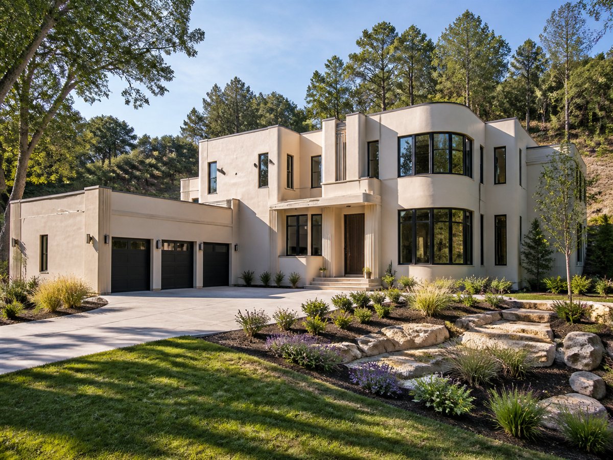 Deco Terrace View-Lot Retreat 4811, conceptual 4811-square-foot Art-Deco-inspired modern custom home with a $935,900 construction target