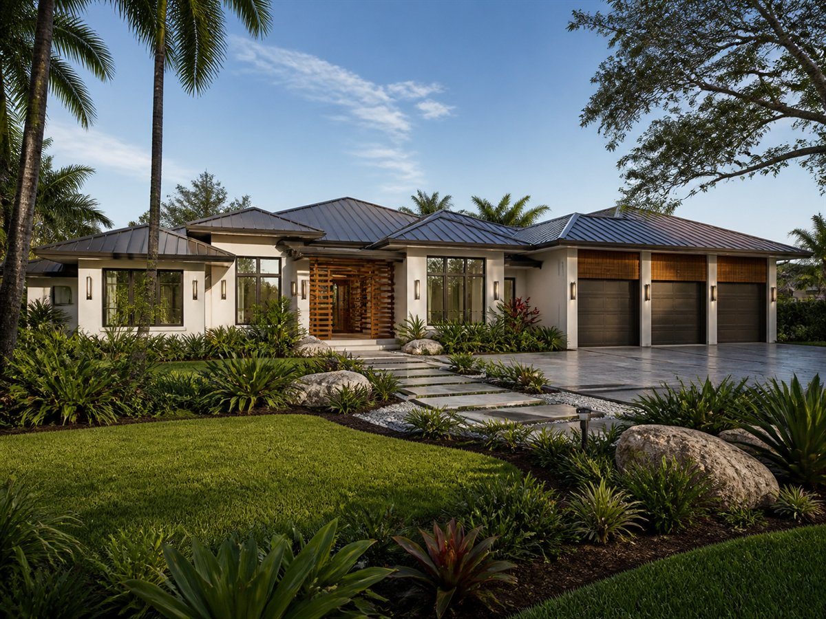 Trade Wind House High-Performance Envelope 4848, conceptual 4848-square-foot tropical-modern custom home with a $945,900 construction target