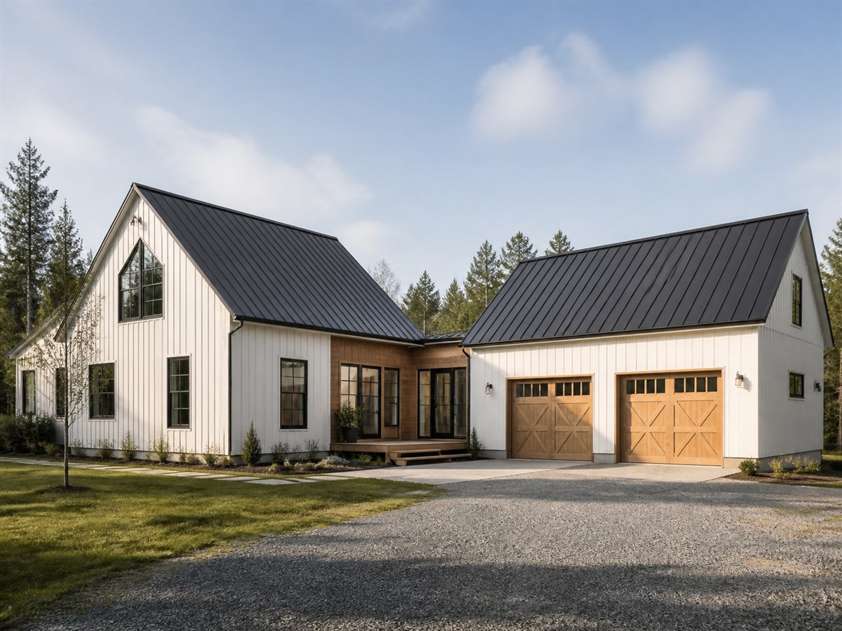 Nordic Field House Indoor-Outdoor Living 1868, a conceptual 1868-square-foot Scandinavian barn-inspired family home with a $260,300 construction target