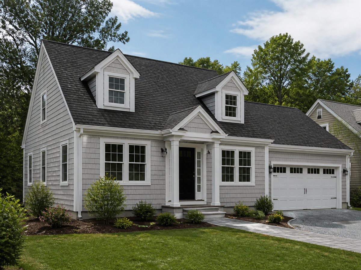 Harbor Cape House Narrow-Lot 1880, a conceptual 1880-square-foot modern Cape Cod family home with a $262,800 construction target
