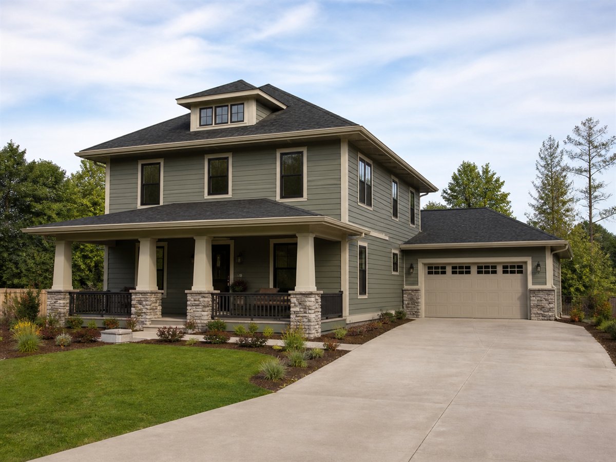 Oak Porch Foursquare Split-Bedroom 1892, a conceptual 1892-square-foot Craftsman-influenced Foursquare family home with a $265,300 construction target