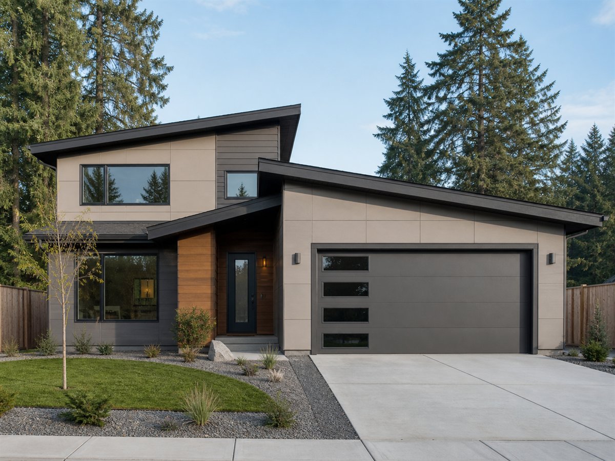 Slope Light House Narrow-Lot 1986, a conceptual 1986-square-foot shed-roof contemporary family home with a $287,800 construction target