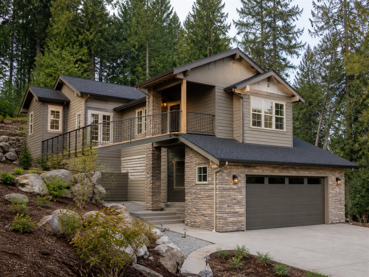 Terrace Ridge House Multigenerational Suite 2046, a conceptual 2046-square-foot stepped hillside family home with a $300,300 construction target