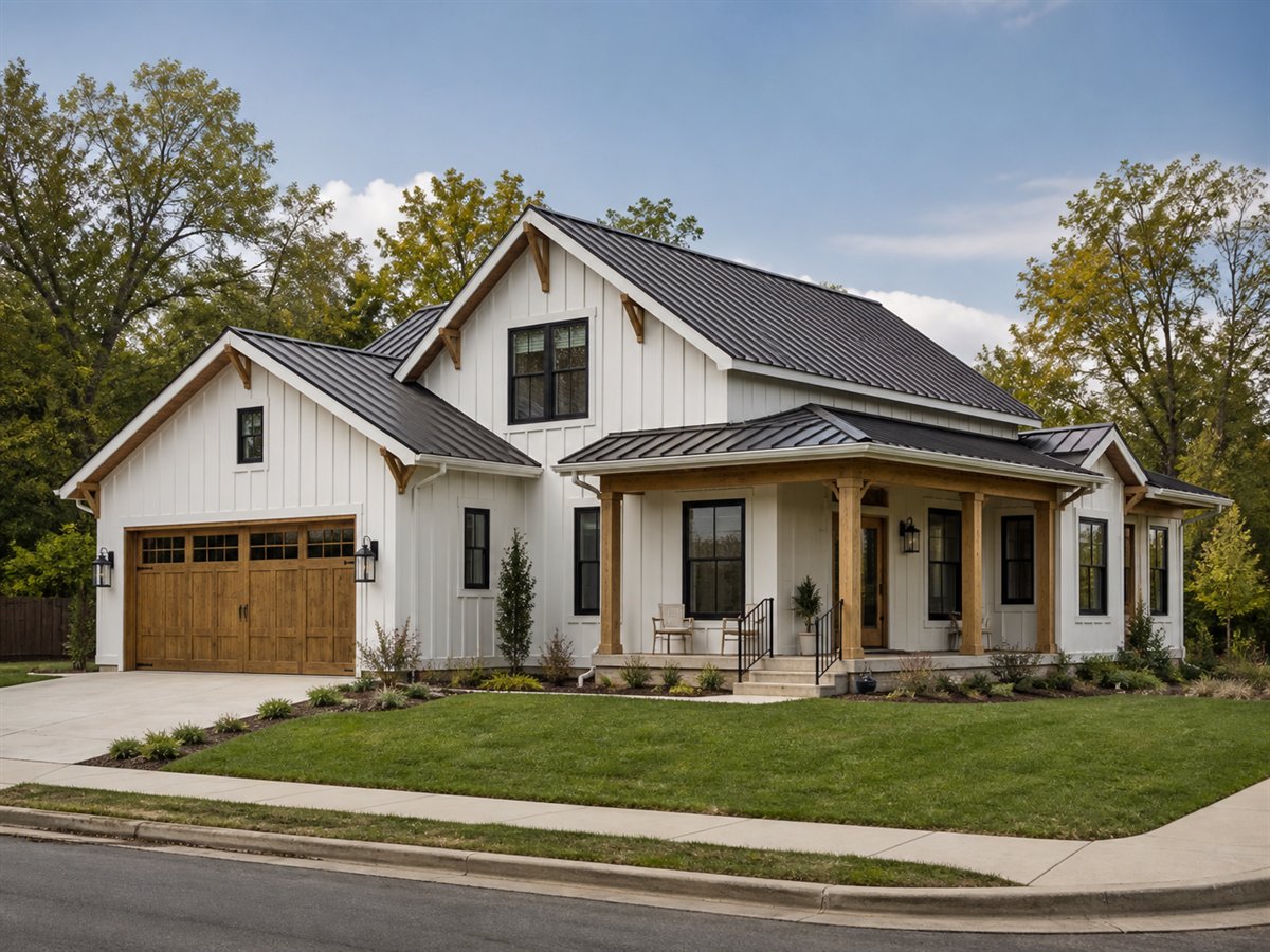 Backlane Farmhouse Corner-Lot 2123, a conceptual 2123-square-foot rear-garage modern farmhouse with a $317,800 construction target