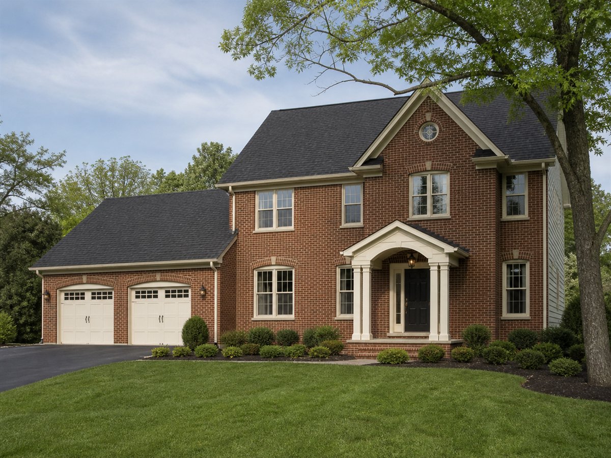Red Oak Colonial Hobby-and-Workshop 2241, a conceptual 2241-square-foot brick Colonial family home with a $345,300 construction target