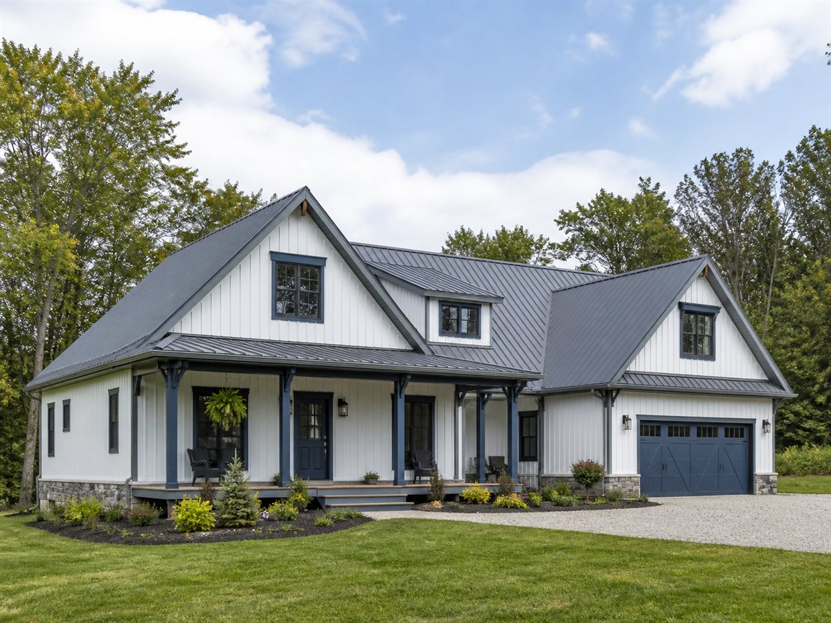 Maple Shore Farmhouse Hobby-and-Workshop 2354, a conceptual 2354-square-foot Great Lakes modern farmhouse with a $370,300 construction target