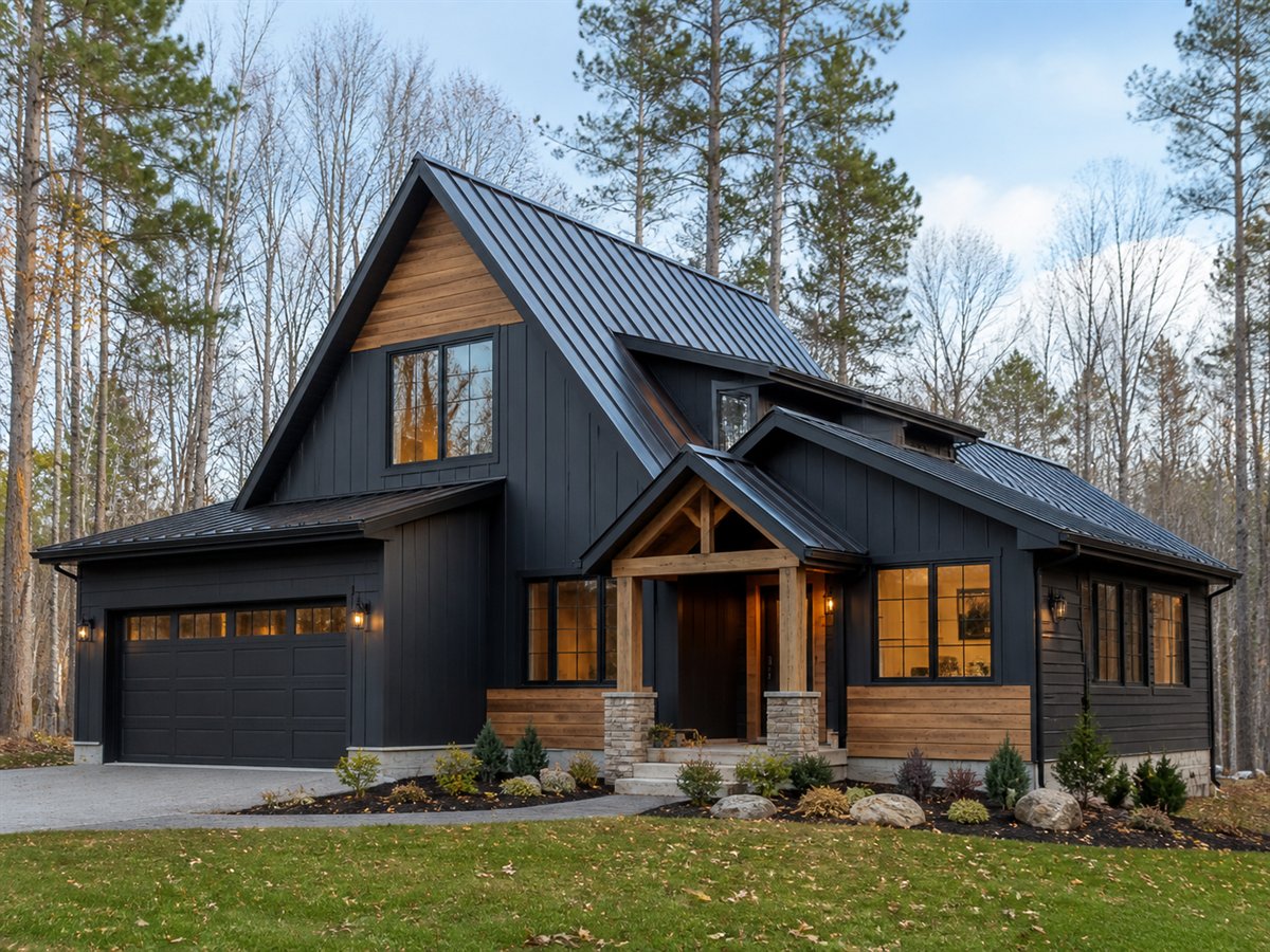 Pine A-Frame House Split-Bedroom 2407, a conceptual 2407-square-foot restrained A-frame-inspired family home with a $382,800 construction target
