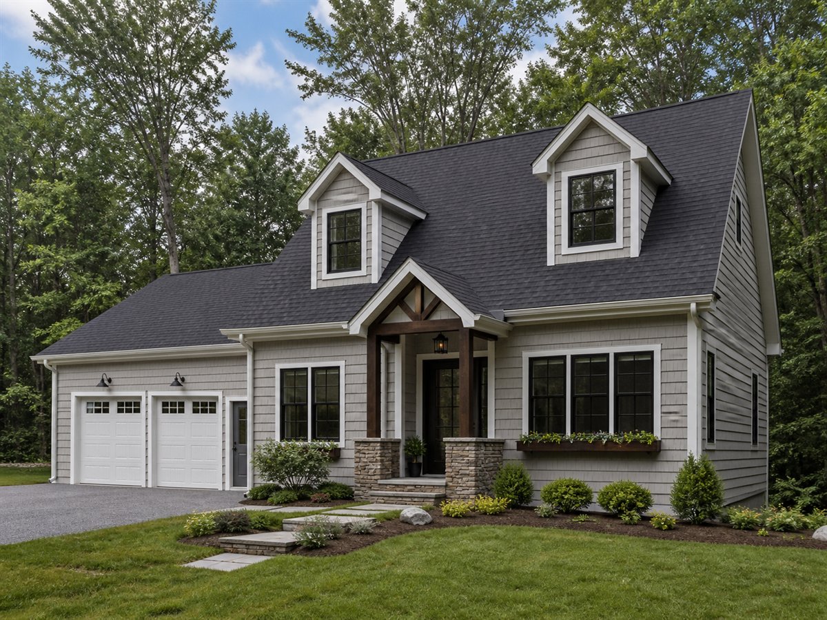 Harbor Cape House Hobby-and-Workshop 2431, a conceptual 2431-square-foot modern Cape Cod family home with a $387,800 construction target