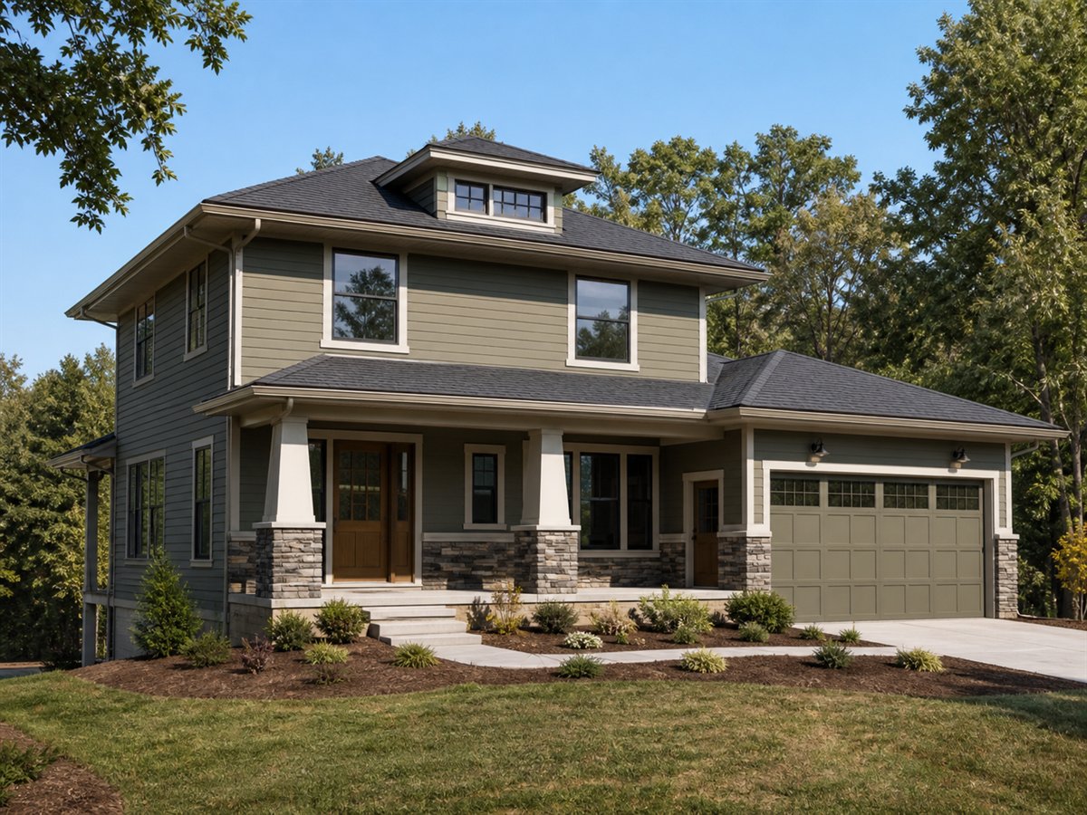 Oak Porch Foursquare Energy-Conscious 2436, a conceptual 2436-square-foot Craftsman-influenced Foursquare family home with a $390,300 construction target