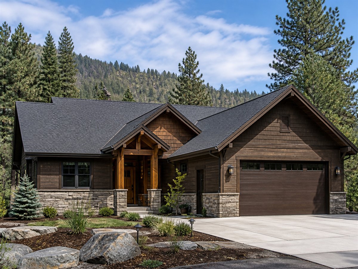 Aspen Ridge Chalet Aging-in-Place 2472, a conceptual 2472-square-foot restrained Alpine-chalet family home with a $397,800 construction target
