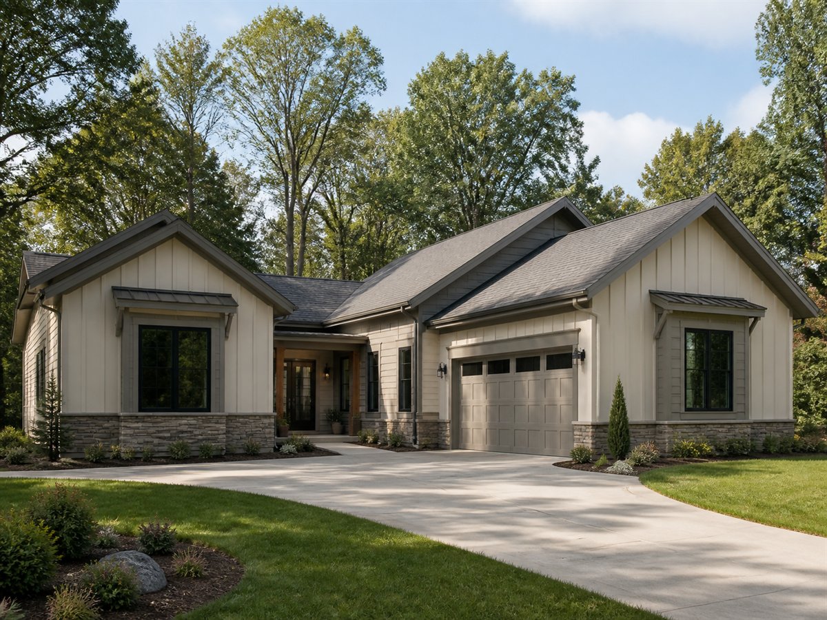 Four Oaks Pod House Aging-in-Place 2585, a conceptual 2585-square-foot connected-pavilion family home with a $422,800 construction target