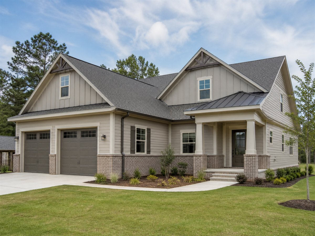 Cornerstone House Hobby-and-Workshop 2650, a conceptual 2650-square-foot corner-lot side-entry family home with a $437,800 construction target