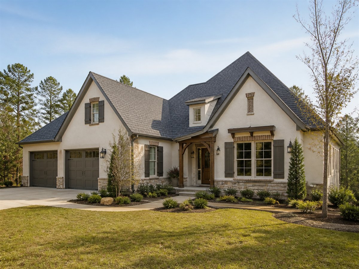 Lavender Field House Split-Bedroom 2845, a conceptual 2845-square-foot restrained French-country family home with a $482,800 construction target