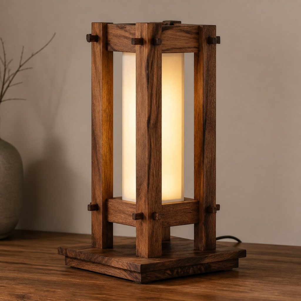 Acacia Frame Diffuser Table Lamp shown as an original square photorealistic acacia wood lamp with authentic grain, warm diffused light, and a short dark power cord