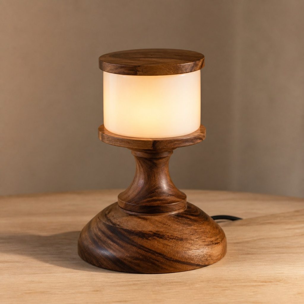 Acacia Turned Bedside Lamp shown as an original square photorealistic acacia wood lamp with authentic grain, warm diffused light, and a short dark power cord