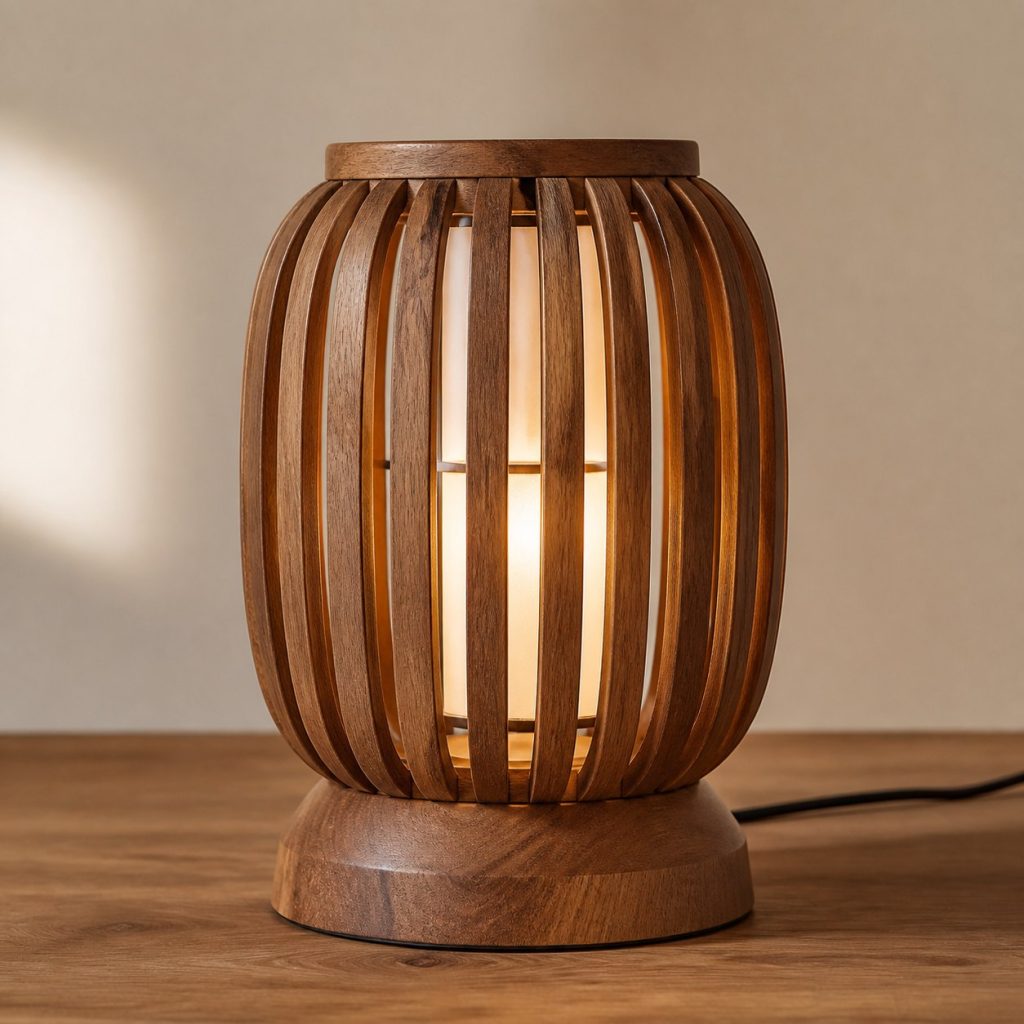 Acacia Slatted Lantern Lamp shown as an original square photorealistic acacia wood lamp with authentic grain, warm diffused light, and a short dark power cord