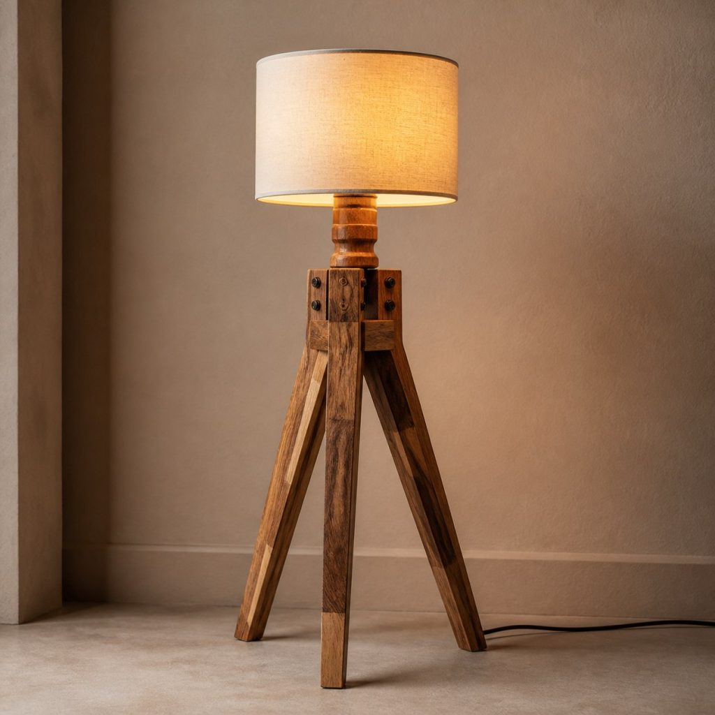 Acacia Tripod Reading Lamp shown as an original square photorealistic acacia wood lamp with authentic grain, warm diffused light, and a short dark power cord