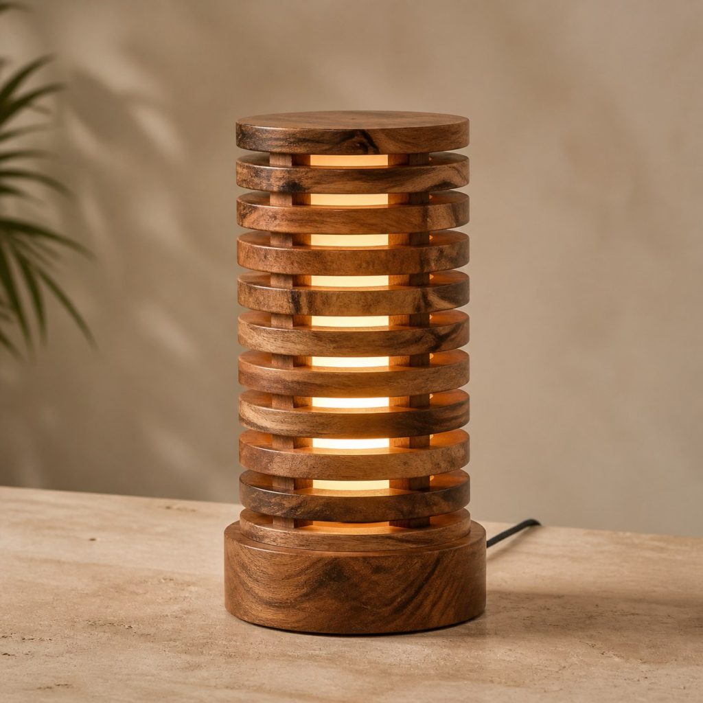 Acacia Stacked Ring Lamp shown as an original square photorealistic acacia wood lamp with authentic grain, warm diffused light, and a short dark power cord
