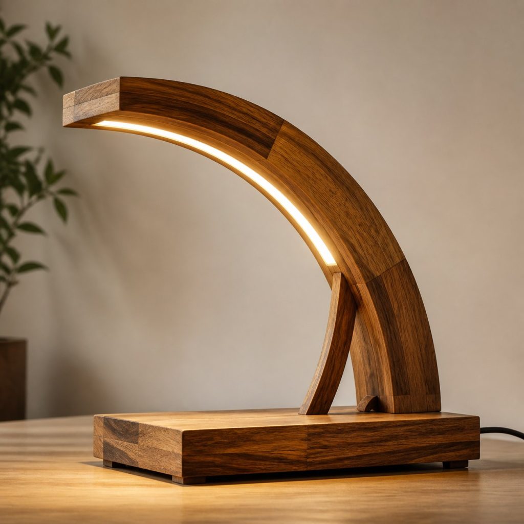 Acacia Laminated Arch Lamp shown as an original square photorealistic acacia wood lamp with authentic grain, warm diffused light, and a short dark power cord
