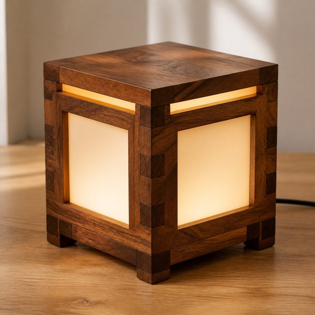Acacia Box-Jointed Cube Lamp shown as an original square photorealistic acacia wood lamp with authentic grain, warm diffused light, and a short dark power cord