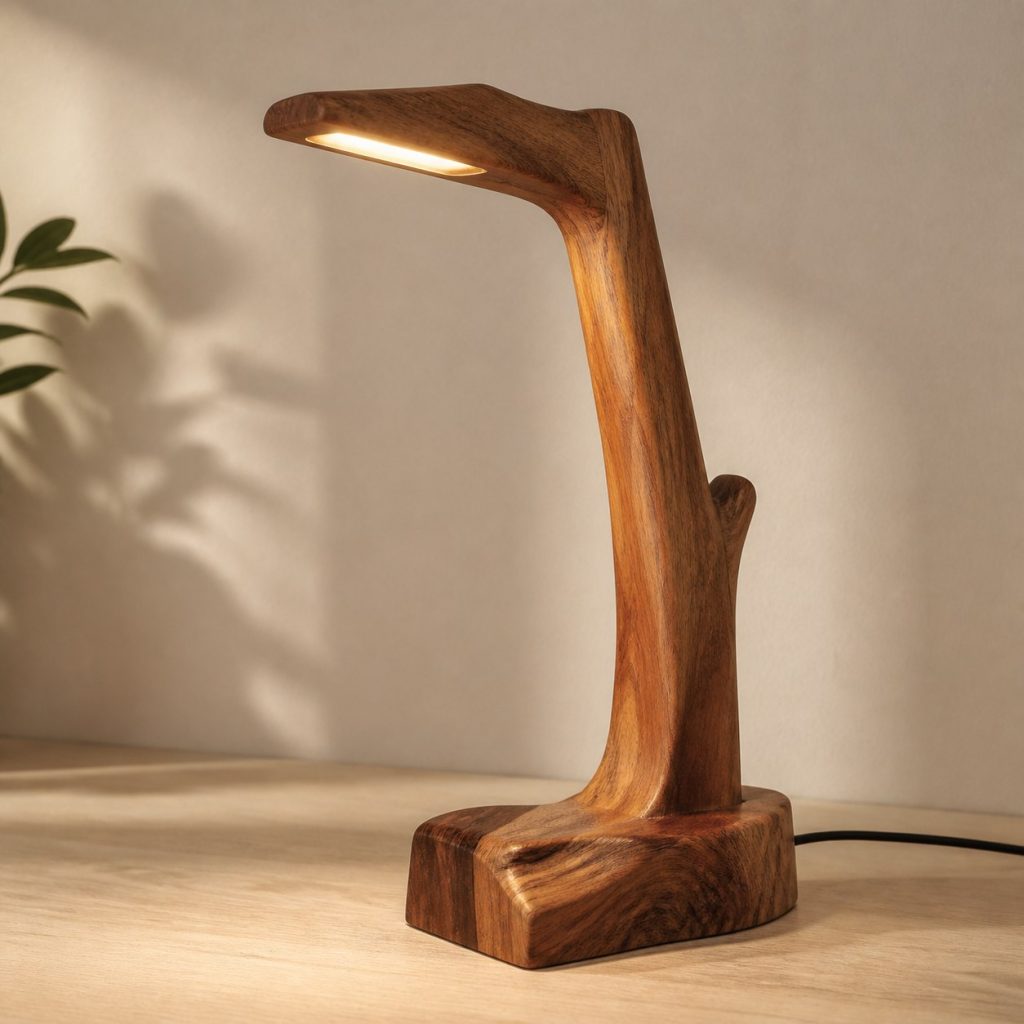 Acacia Branch Reading Lamp shown as an original square photorealistic acacia wood lamp with authentic grain, warm diffused light, and a short dark power cord