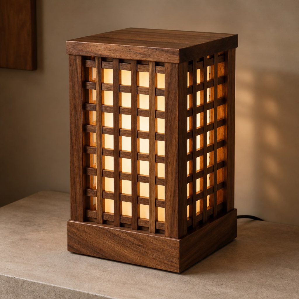 Acacia Lattice Lamp shown as an original square photorealistic acacia wood lamp with authentic grain, warm diffused light, and a short dark power cord