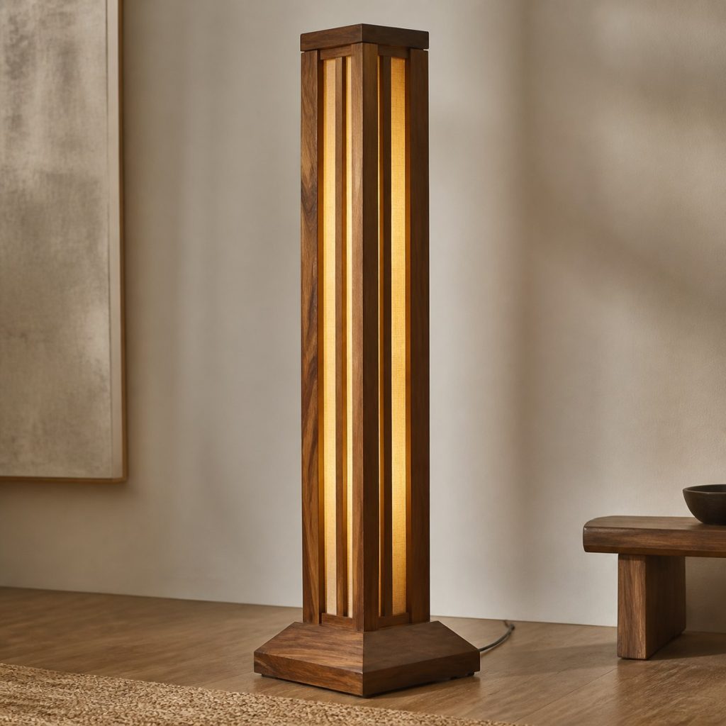 Acacia Column Floor Lamp shown as an original square photorealistic acacia wood lamp with authentic grain, warm diffused light, and a short dark power cord