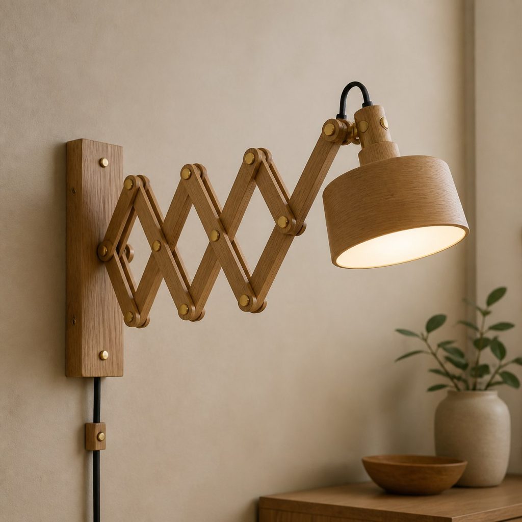 Oak Wall Scissor-Arm Lamp shown as an original square photorealistic accordion wooden lamp with believable joinery, warm diffused light, and protected hardware