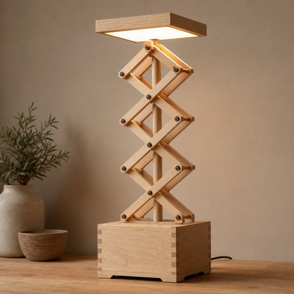 Maple Expanding Tower Lamp shown as an original square photorealistic accordion wooden lamp with believable joinery, warm diffused light, and protected hardware