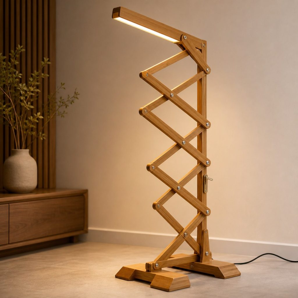 Bamboo Zigzag Floor Lamp shown as an original square photorealistic accordion wooden lamp with believable joinery, warm diffused light, and protected hardware