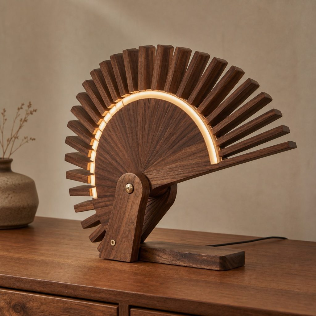 Walnut Radial Fan Lamp shown as an original square photorealistic accordion wooden lamp with believable joinery, warm diffused light, and protected hardware