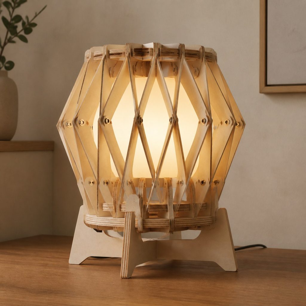Plywood Honeycomb Lamp shown as an original square photorealistic accordion wooden lamp with believable joinery, warm diffused light, and protected hardware