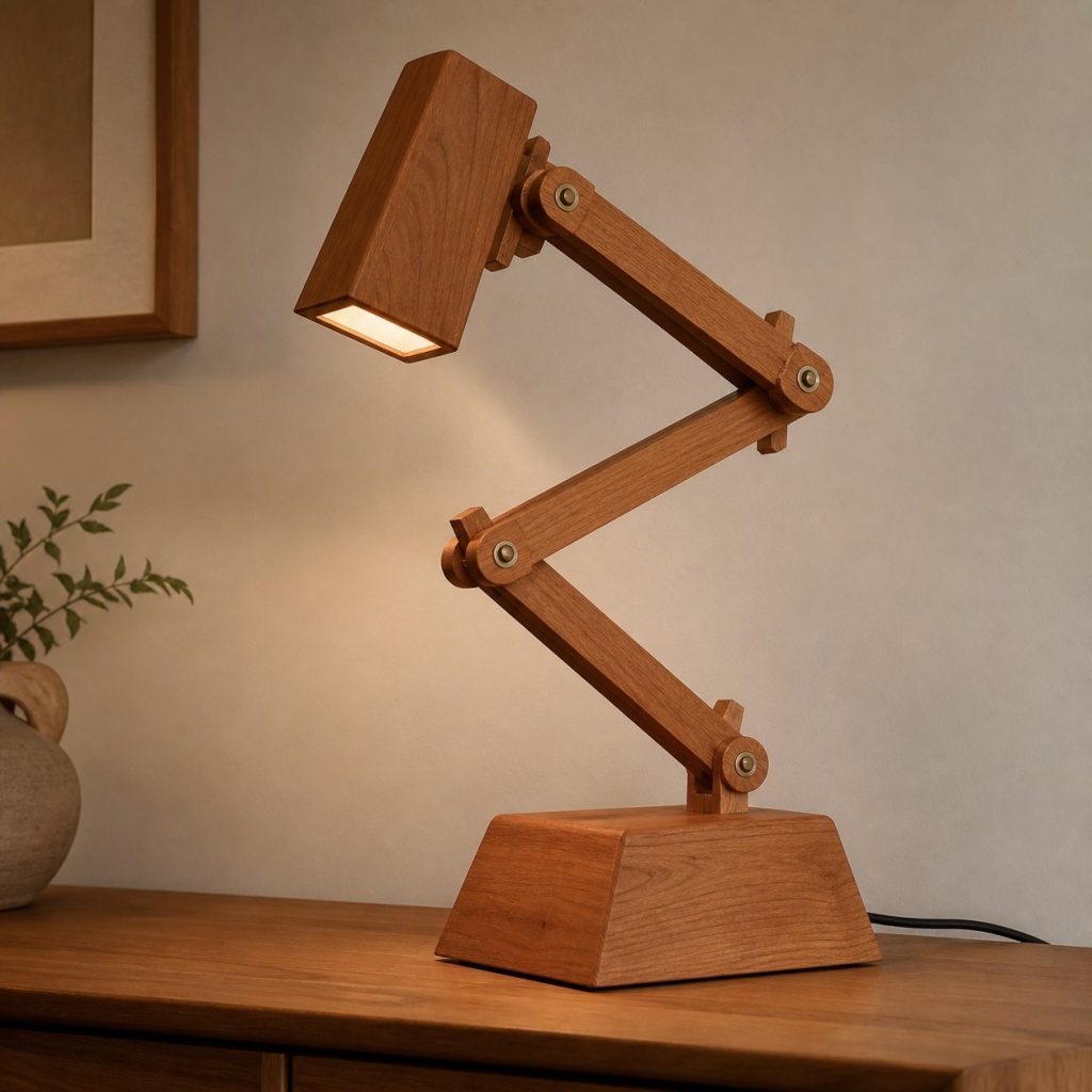 Cherry Hinged Reading Lamp shown as an original square photorealistic accordion wooden lamp with believable joinery, warm diffused light, and protected hardware