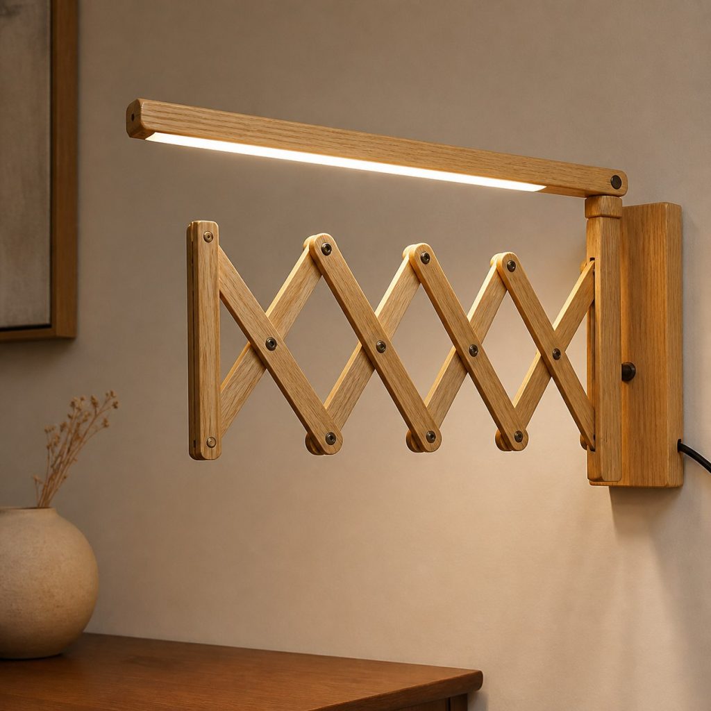 Ash Expanding Wall-Wash Lamp shown as an original square photorealistic accordion wooden lamp with believable joinery, warm diffused light, and protected hardware