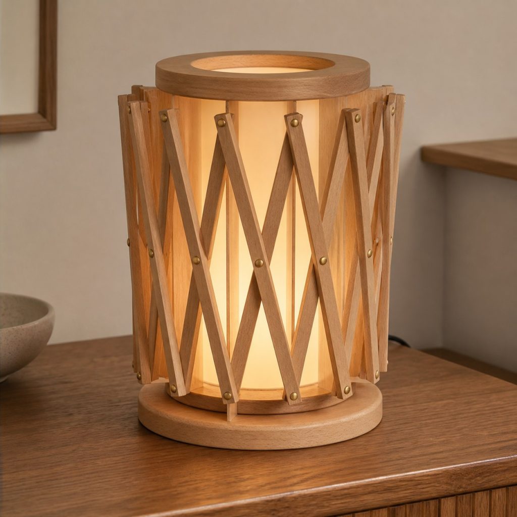 Beech Concertina Shade Lamp shown as an original square photorealistic accordion wooden lamp with believable joinery, warm diffused light, and protected hardware