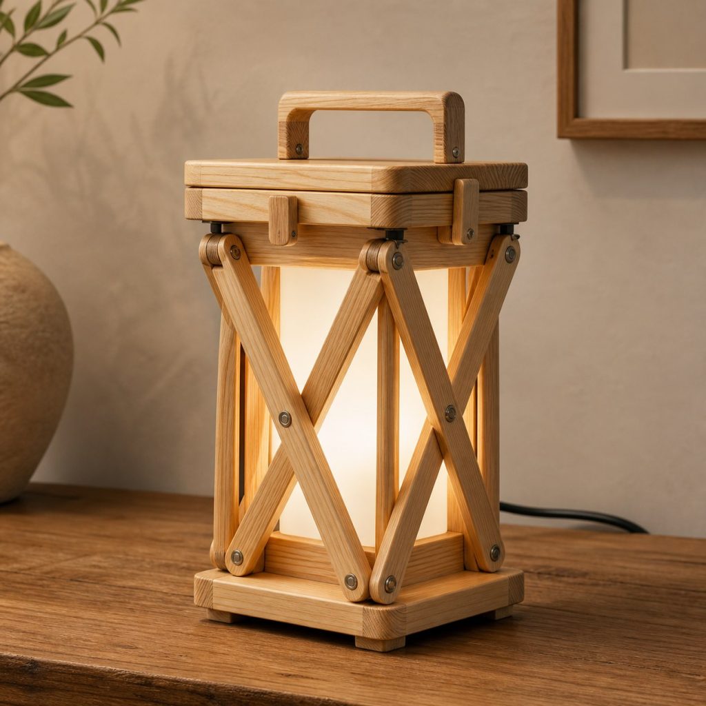 Pine Collapsible Lantern shown as an original square photorealistic accordion wooden lamp with believable joinery, warm diffused light, and protected hardware