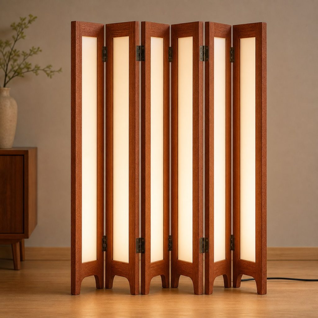 Sapele Accordion Screen Lamp shown as an original square photorealistic accordion wooden lamp with believable joinery, warm diffused light, and protected hardware