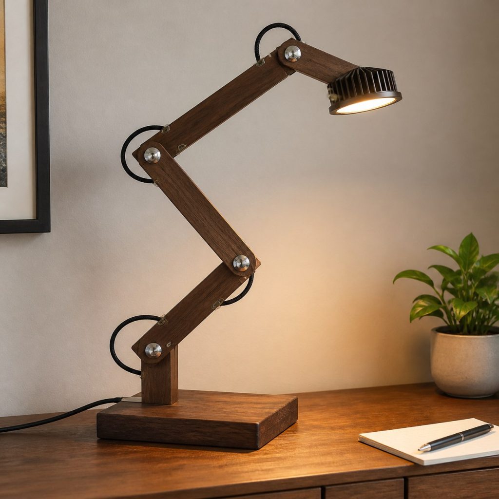 Walnut Parallelogram Task Lamp shown as a square photorealistic original adjustable wooden desk task lamp with warm LED light and visible real wood grain
