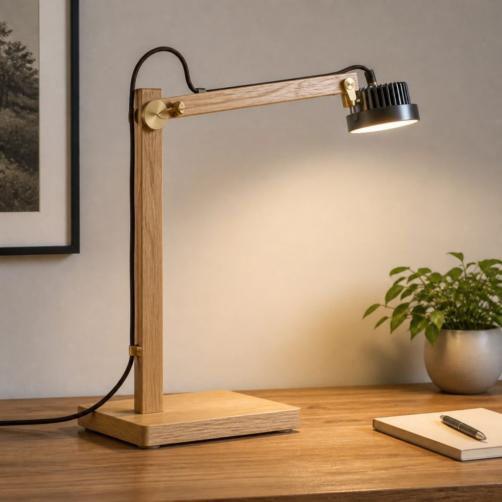Minimal Ash Swing-Arm Lamp shown as a square photorealistic original adjustable wooden desk task lamp with warm LED light and visible real wood grain