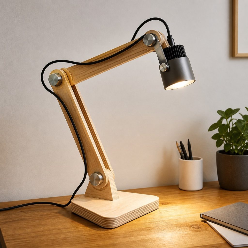 Laminated Plywood Pivot Lamp shown as a square photorealistic original adjustable wooden desk task lamp with warm LED light and visible real wood grain