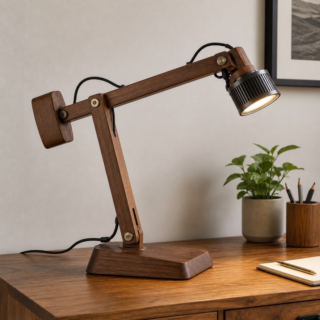 Counterbalanced Walnut Task Lamp shown as a square photorealistic original adjustable wooden desk task lamp with warm LED light and visible real wood grain